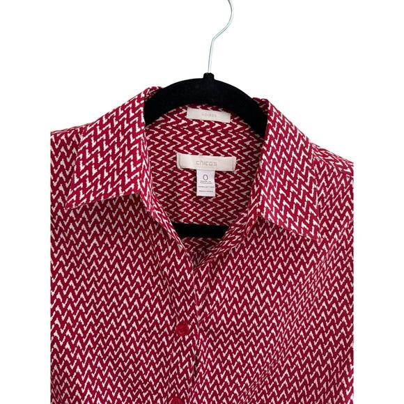 Chicos Womens Top 0 Small Red Chevron 100% Cotton No Iron Collar Shirt #3231 - Picture 2 of 12